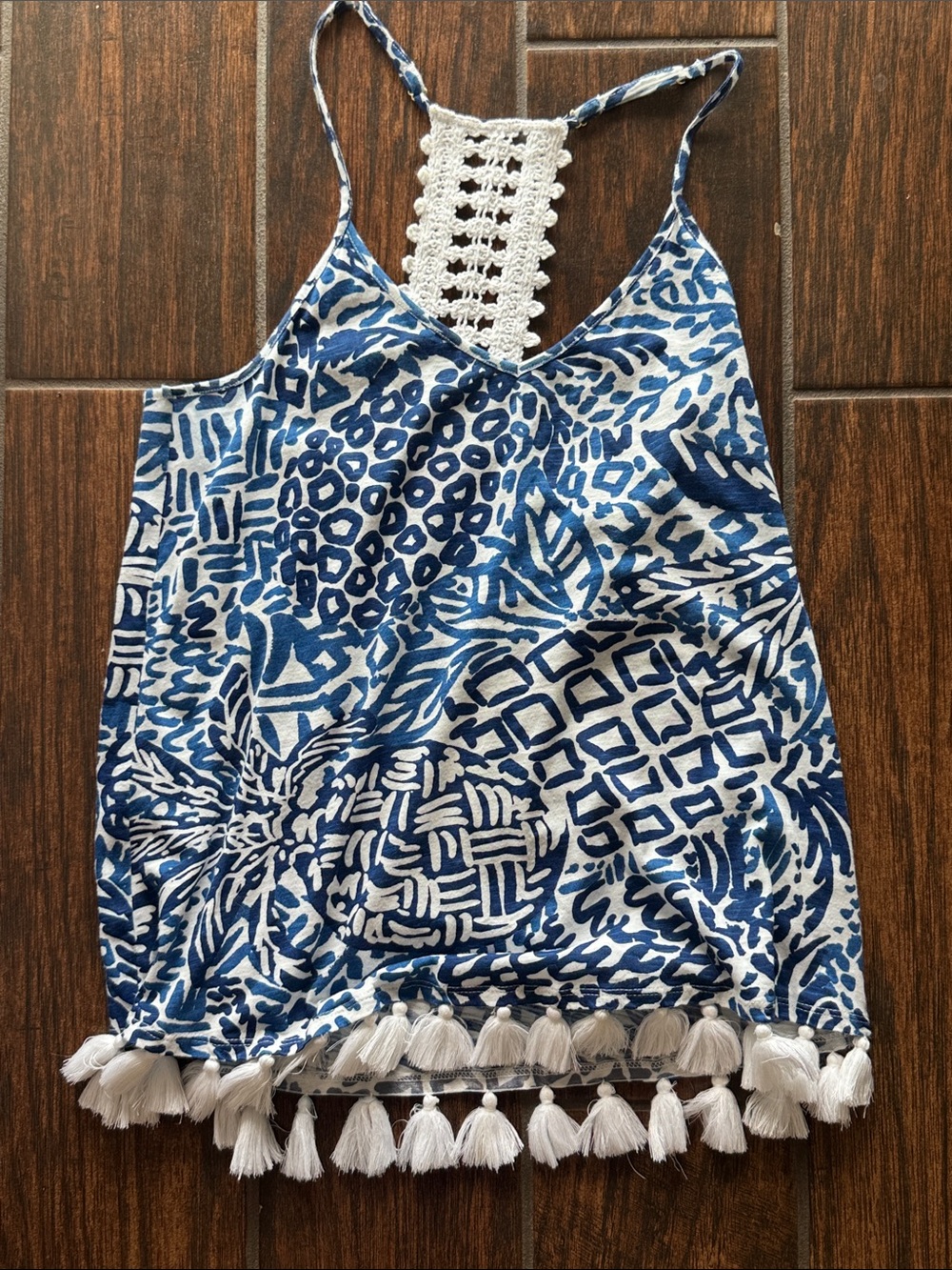 Lilly Pulitzer Blue and White Tassel-Trim Spaghetti Strap Tank